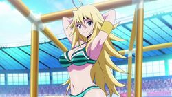 1girls armpits arms_behind_head bikini blonde_hair blue_eyes breasts busty cleavage female female_only green_bikini green_eyes keijo!!!!!!!! large_breasts long_hair looking_at_viewer mio_kusakai navel pose screencap smile solo swimsuit