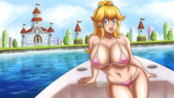 1girls alternate_breast_size beg4cake big_breasts bikini blonde_hair blue_eyes boat busty cleavage female female_only large_breasts lipstick looking_at_viewer mario_(series) navel nintendo pink_bikini princess_peach smile solo super_mario_bros. swimsuit thick_thighs thighs water