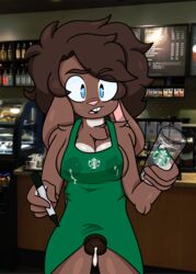 big_breasts breasts clothed cum cum_drip iced_latte_with_breast_milk lactation meme milk penis penis_out question rabbit starbucks starbuks_meme