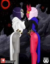 2d 2girls 4_eyes big_breasts black_leotard blue_cape breast_to_breast cambion cape dc dc_comics demon demon_girl demon_horns female female_only female_superhero forehead_jewel goth goth_girl grey-skinned_female grey_body grey_skin half_demon hips horns hourglass_figure legs leotard lower_body minus_class multi_eye pink_hair purple_eyes purple_hair rachel_roth raven_(dc) red-skinned_female red_body red_skin selfcest sharp_teeth short_hair side_view sideboob straight_hair superhero superheroine teen_titans thighs upper_body voluptuous white_cape white_leotard yellow_eyes ying_yang