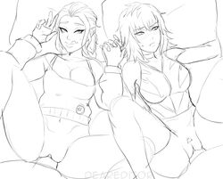 2boys 2girls big_breasts black_and_white blush bottomless bra braided_hair cleavage collar deareditor fortnite fortnite:_battle_royale gloves greyscale harlowe_(fortnite) haven_(fortnite) holding_hands legs_apart long_hair monochrome navel no_panties on_bed pillows pins ponytail pubic_hair sketch sweat sweater tank_top thick_thighs thighhighs tongue_out vaginal_penetration white_background wide_hips