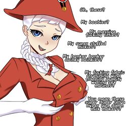 alternate_version_available ascot blue_eyes braid breasts cleavage cravat dialogue hat holding_breasts iron_armenian lady_baron meme qween1795 red_clothing red_ribbon white_gloves white_hair