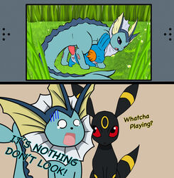 anal anal_sex animal_genitalia anthro canine comic cum cum_in_pussy cum_inside furry furry_only hidden mudkip nintendo nintendo_3ds pokémon_(species) pokemon pokemon_(species) pokemon_gsc pokemon_rgby pokemon_rse pussy pussy_juice shocked snivythesuperior speech_bubble surprised text text_bubble umbreon vaporeon watching