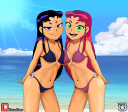 2girls alien alien_girl alien_human alien_humanoid alien_look_like_human beach bikini bikini_top black_hair blackfire blue_bikini blue_swimsuit breasts_to_breasts dc dc_comics extraterrestrial extraterrestrial_human female female_only green_eyes komand'r koriand'r long_hair looking_at_viewer minus_class navel ocean orange_skin purple_bikini purple_swimsuit red_bikini red_hair sisters sky smile smiling smiling_at_viewer starfire straight_hair sun sunlight superheroine supervillain swimsuit tamaranean teen_titans young_woman