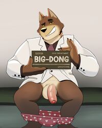 2021 absurd_res anthro balls canid canine canis clothed clothing dreamworks english_text foreskin genitals heart_underwear hi_res humanoid_genitalia humanoid_penis lewdtowel looking_at_viewer male male_only mammal mr._wolf_(the_bad_guys) mugshot pantsless partially_clothed penis smile solo suit text the_bad_guys uncircumcised underwear underwear_down wolf yellow_sclera