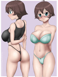 1girls arms_behind_head ass big_breasts bra breasts brown_hair busty child_bearing_hips cleavage female female_only glasses hips kemeko_deluxe large_breasts looking_at_viewer makihara_izumi navel panties short_hair sideboob solo tank_top thick_thighs thong voluptuous