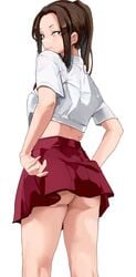 1girls blush bottomless brown_hair cum_on_skirt doodle eye_contact female female_only genital_fluids komi-san_wa_komyushou_desu light-skinned_female light_skin looking_at_viewer mamimi_(mamamimi) onemine_nene skirt skirt_lift solo white_background