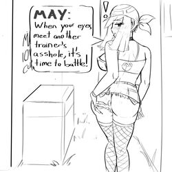 ass ass_grab asshole butt butt_grab english_text fishnet_legwear fishnet_stockings fishnets hairless_pussy headband line_art may_(pokemon) nipple_bulge pokemon pussy pussy_peek self_exposure self_grope short_skirt sketch small_top speech_bubble stormbringer tubetop