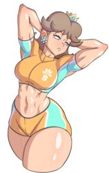 1girls abs big_thighs blue_eyes breasts brown_hair crown earrings eyebrows_visible_through_hair female female_only flower_earrings gage half-closed_eyes hands_behind_head human human_only mario_(series) mario_strikers medium_breasts midriff nintendo princess_daisy short_shirt shorts shoulder_length_hair soccer_uniform solo solo_female tan-skinned_female tan_skin thick thick_thighs tomboy white_background wide_hips