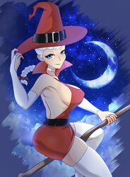 alternate_version_available belt blue_eyes breasts broomstick choker halloween iron_armenian lady_baron looking_at_viewer night_sky qween1795 red_ribbon side_view sideboob thighhighs white_gloves white_hair witch_hat