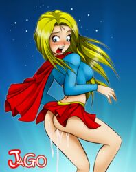 1girls cape cum_drip cum_in_pussy dc embarrassed female female_only implied_after_sex jago_dibuja large_breasts nopan open_mouth skin_tight solo supergirl third-party_edit tiny_skirt uncensored