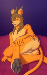 absurd_res andromorph anthro brown_hair claws cuntboy felid fur genitals hair hi_res horn intersex mammal nude orange_body orange_fur pantherine pawpads paws pussy sacrificabominat solo stripes thaylen tiger