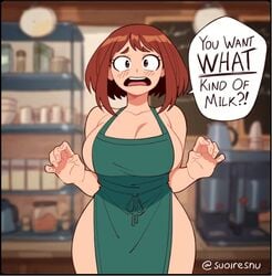 !? 1girls alternate_version_available barely_clothed big_breasts boku_no_hero_academia breasts brown_eyes brown_hair brunette busty coffee coffee_machine coffee_maker coffee_shop employee employee_uniform female female_only gigantic_breasts green_clothing hands huge_breasts human iced_latte_with_breast_milk kitchen leaning_back looking_at_viewer massive_breasts meme my_hero_academia naked_apron ochako_uraraka open_mouth shock shocked shocked_expression shocked_eyes shocked_face shouting signature solo speech_bubble suoiresnu superheroine suprised suprised_look surprise talking text thick_thighs thighs uniform wide_eyed wide_eyes wooden_wall