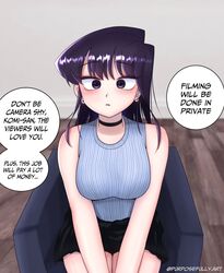 1girls blush bokuman breasts chair clothing couch earrings english_text female female_only hi_res human interview job_interview komi-san_wa_komyushou_desu komi_shouko large_breasts looking_at_viewer sitting skirt sleeveless solo speech_bubble sweater text