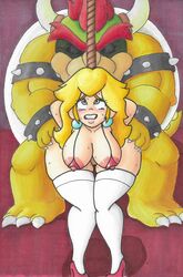 1boy 1girls areolae bdsm blonde_hair blue_eyes bound bowser breasts brownpidgeon doggy_style earrings endured_face female high_heels interspecies large_breasts larger_male lingerie long_hair male mario_(series) massive_ass monster nipples princess_peach pubic_stubble questionable_consent rope standing thighhighs tied vaginal_penetration