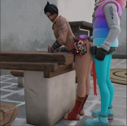 3d anal_sex anthro_penetrating_human beard big_balls big_penis big_thighs blender blue_body feet fortnite furry gay half-dressed hand_on_ass head_out_of_frame lifting_ass llama llambro_(fortnite) male_only moaning muscular_male raz_(fortnite) surprised_expression tattoos yaoi