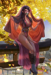 aged_up alternate_breast_size alternate_costume cleavage dark_hair demon_slayer detailed_background fan_yang female female_only full_body gag hair_ribbon highleg japanese_clothes kamado_nezuko kimetsu_no_yaiba long_hair long_legs looking_at_viewer no_bra obi outside painting_(artwork) realistic revealing_clothes sitting skimpy_clothes solo