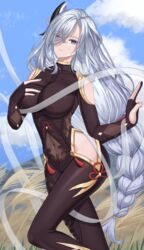 1girls abs absurd_res belly_button big_breasts black_bodysuit blue_eyes blush bodysuit braid braided_hair breasts cloud detailed_background female genshin_impact hair_ornament hair_over_one_eye hand_on_breast hi_res highres hips huge_breasts large_breasts long_hair looking_at_viewer midriff nipple_bulge ribbon see-through see-through_clothing shenhe_(genshin_impact) sky slim_waist small_waist solo suzhi2333 thick thick_thighs thighs tight_clothing waist white_hair wide_hips