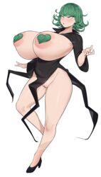 1girls alternate_breast_size big_breasts breasts cham22 female_focus female_solo flying green_hair green_heart_pasties green_pasties heart_pasties huge_breasts levitation massive_breasts one-punch_man pasties short_hair solo tatsumaki thick_thighs white_background wide_hips