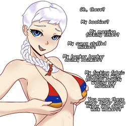 alternate_version_available armenia armenian armenian_flag bikini blue_eyes braid breasts dialogue holding_breast iron_armenian lady_baron national_personification qween1795 red_ribbon white_hair