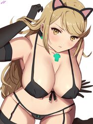 alternate_breast_size alternate_costume bangs blonde_hair blush bra breasts cat_ears catgirl_costume collar colored core_crystal crystal female gloves huge_breasts leggings lingerie long_gloves long_hair looking_at_viewer mythra navel nintendo oyasu oyasu_(kinakoyamamori) panties stroking_hair swept_bangs tagme thick_thighs thighs xenoblade_(series) xenoblade_chronicles_2 yellow_eyes