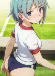 ai_generated blue_body blue_eyes blush blush blush_lines embarrassed gym_shorts gym_uniform hair_ornament looking_at_viewer magical_girl mahou_shoujo_madoka_magica miki_sayaka puella_magi_madoka_magica schoolgirl solo solo_female solo_focus thick_ass thick_thighs