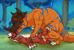 anthro bandai_namco bodily_fluids ceratosaur ceratosaurid ceratosaurus charcoal_inpachi claws cum cum_while_penetrated digimon digimon_(species) dinosaur duo ejaculation feral genital_fluids greymon growlmon hi_res horn hunched_over licking lying male male/male on_back penetration pinned reptile scalie size_difference tongue tongue_out