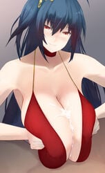 1boy 1girls alternate_costume azur_lane black_hair cleavage cum dark-skinned_male dark_skin ejaculation ejaculation_between_breasts huge_breasts light-skinned_female light_skin official_alternate_costume paizuri paizuri_under_clothes pen_(pen3) red_eyes taihou_(azur_lane) taihou_(forbidden_feast)_(azur_lane)