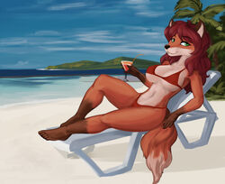 alcohol anthro beach beverage big_breasts bikini black_nose breasts canid canine clothing cocktail female fox fur green_eyes hair kelkessel looking_at_viewer lying mammal red_body red_fur red_hair seaside solo swimwear water