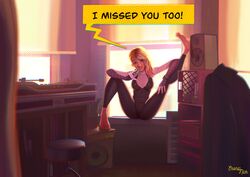 asymmetrical_hair barefoot blonde_hair blue_eyes bodysuit clothed condom condom_in_mouth condom_wrapper english english_text feet female fit fit_female flexible gwen_stacy gwen_stacy_(spider-verse) head_tilt holding_condom indoors leg_up legs looking_at_viewer marvel medium_breasts miles_morales musical_instrument nickeronic nipples parted_lips pixie_cut pose posing pubic_hair punk pussy short_hair sitting skinny skintight_bodysuit smile spandex spandex_suit spider-gwen spider-man spider-man:_across_the_spider-verse spider-man:_into_the_spider-verse superhero_costume superheroine teenage_girl teenager text toes tomboy window