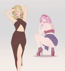 2girls armpits arms_up bare_arms bare_legs bare_shoulders blonde_hair boruto:_naruto_next_generations butt_crack closed_eyes clothed clothing clothing_lift crop_top dress facial_mark fancy female female_only forehead_mark green_eyes heels high_heels ino_yamanaka lipstick looking_back makeup multiple_girls naruto naruto:_the_last naruto_(series) no_panties pink_hair playing_with_hair posing presenting presenting_ass presenting_hindquarters reserexerion sakura_haruno shoulder_length_hair skirt skirt_lift squatting standing take_your_pick touching_hair