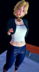 1girls 3d bed bedroom belly belly_button black_background blonde_hair blue_eyes choke_collar choker clothed clothed_female female game game_cg honey_select jacket jeans leather_pants looking_at_viewer navel necklace pillows sleveeless_shirt solo solo_female standing standing_on_bed tagme video_game white_shirt white_skin