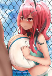 1boy 1girls alternate_costume azur_lane bremerton_(azur_lane) bremerton_(scorching-hot_training)_(azur_lane) dark-skinned_male dark_skin huge_breasts interracial light-skinned_female light_skin official_alternate_costume paizuri paizuri_under_clothes pink_eyes pink_hair sayo_ayato