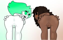 2girls anus ass asshole black_hair dark_skin estudiomega ghost_girl green_eyes green_hair kambeenie kambone_(kambeenie) multiple_girls nudity open_ass white_skin