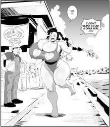 black_and_white breasts cleavage crab crustacean curvaceous curvy female_focus harorlood hips hourglass_figure huge_breasts long_hair marina_(harorlood) monochrome pier pinch pinching ponytail speech_bubble swimsuit thick_thighs thighs top_heavy upset wide_hips