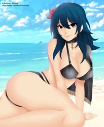 1girls alternate_costume ass beach bikini black_bikini black_swimsuit blue_eyes blue_hair breasts byleth_(fire_emblem) byleth_(fire_emblem)_(female) choker cleavage covered_nipples female female_only fire_emblem fire_emblem:_three_houses fire_emblem_heroes flower hair_flower hair_ornament highres nidavellirstudios nintendo official_alternate_costume red_flower smile solo swimsuit valkyrieproject