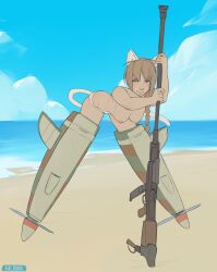 1girls 2d areolae beach blue_eyes breasts cat_ears cat_tail female female_focus female_only female_solo gun highres kalruna leaning leaning_forward leaning_on_object looking_at_viewer lynette_bishop medium_breasts nipples short_hair solo solo_female strike_witches swimsuit tagme thighs