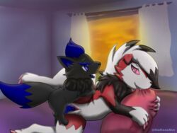 anthro anthro_on_feral anthro_penetrated ass balls bite blubluumon blue_penis duo female female_penetrated feral feral_penetrating feral_penetrating_anthro genitals hi_res knot leg_grab lycanroc male male/female male_penetrating male_penetrating_female midnight_lycanroc nintendo penetration penis pillow pillow_bite pokémon_(species) pokemon pokemon_(species) pussy scarlet_mauve size_difference spread_legs spreading vaginal_penetration video_games zoophilia zorua