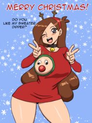 antler_headband antlers blush bottomless breasts brown_eyes brown_hair choker christmas christmas_headwear darkeros13 disney disney_channel double_v gravity_falls long_hair looking_at_viewer mabel_pines name_drop one_eye_closed open_mouth open_smile pasties simple_background smile smooth_skin snowflake solo solo_female thedarkeros v_sign wide_hips