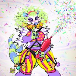 anthro balloon blush circus clown clown_costume confetti didelphid digital_media_(artwork) dildo dominant dominant_female female genitals hi_res humor inflatable mammal marsupial neon niuxii niuxii_opossum penis sex_toy solo strapon