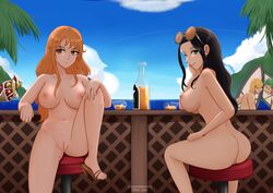 2girls ass bar beach big_ass big_breasts big_butt black_hair blue_eyes breasts breasts_out brown_eyes commission female female_focus gibb_san glasses glasses_on_head light-skinned_female light_skin long_hair male nami nico_robin nipples nude nude_female one_piece open_toe_shoes orange_hair post-timeskip revealing_clothes roronoa_zoro showing_ass showing_off showing_pussy thick_ass thick_thighs thousand_sunny vagina vinsmoke_sanji