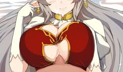 alicia_(granblue_fantasy) cum earrings ejaculation ejaculation_between_breasts granblue_fantasy huge_breasts paizuri paizuri_under_clothes pen_(pen3) smile