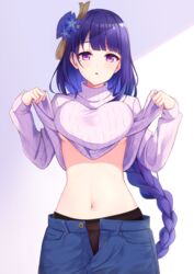 1girls absurdres bangs belly_button black_pantyhose blush braid braided_hair breasts female genshin_impact hair_ornament highres hips huge_breasts jeans large_breasts long_hair looking_at_viewer midriff miso_(misomiso_154) mole mole_under_eye no_bra panties pantyhose purple_eyes purple_hair raiden_shogun ribbed_sweater see-through shirt_lift shirt_pull shirt_up simple_background slim_waist small_waist solo stomach taking_clothes_off underboob waist white_background wide_hips