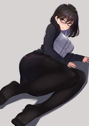 1girls arm_support bangs black-framed_eyewear black_hair black_legwear black_skirt black_sweater blush breasts brown_eyes female frilled_shirt frills glasses grey_background highres kagematsuri laying laying_down long_sleeves looking_at_viewer lying medium_breasts no_shoes office_lady on_side original pantyhose parted_lips pencil_skirt shadow shiny_hair shirt short_hair simple_background skirt solo solo_female sweater white_background white_shirt