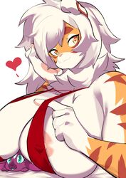 1girls anthro areola_slip areolae aspirindabaitu big_breasts bikini_lift buxbi_(character) countershading female female_only fur furry furry_only hand_on_cheek heart long_hair looking_at_viewer mx99926 nipple_bulge nipple_peek orange_eyes orange_fur pantherine sammy_(buxbi) sling_bikini smiling smiling_at_viewer solo solo_female solo_focus striped_fur tiger tiger_ears very_high_resolution white_background white_hair