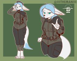 blue_hair colonial_infantry fox foxhole:_persistant_online_warfare furry green_eyes large_breasts military_uniform salute tail the_man white_fur white_tail