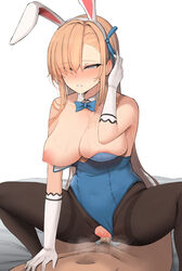 1boy animal_ears arm_support asuna_(blue_archive) asuna_(bunny)_(blue_archive) bare_shoulders black_legwear blue_archive blue_bow blue_bowtie blue_eyes blue_ribbon blush bow bowtie breasts censored clothed_female_nude_male clothed_sex clothing_aside cowgirl_position detached_collar erection eyebrows_visible_through_hair eyes_visible_through_hair fake_animal_ears female gloves hair_over_one_eye hair_ribbon hairband hand_up highres huge_breasts large_breasts leotard leotard_aside light_brown_hair lying male_pubic_hair mikafen millennium_science_school_student mole mole_on_breast mosaic_censoring nipples nose_blush nude on_back one_breast_out pantyhose penis pubic_hair rabbit_ears ribbon sex simple_background solo_focus squatting_cowgirl_position straddling straight strapless strapless_leotard sweat thighband_pantyhose torn_clothes torn_legwear vaginal_penetration white_background white_gloves white_hairband