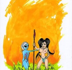 2girls boo_rudetoons jungle_girl loincloth monster_girl multiple_girls necklace necklace_between_breasts original original_character rudetoons skull_necklace staff topless touching_breast vegan vegan_cavegirl yuri