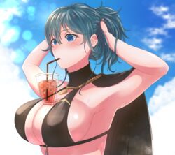 1girls alternate_costume armpits arms_behind_head arms_up bangs bikini black_bikini black_capelet black_swimsuit blue_eyes blue_hair blue_sky blush breasts bubble_tea_challenge byleth_(fire_emblem) byleth_(fire_emblem)_(female) byleth_(summer)_(fire_emblem)_(female) capelet cleavage cloud commentary drinking drinking_straw eyebrows_visible_through_hair female female_only fire_emblem fire_emblem:_three_houses fire_emblem_heroes glass hair_between_eyes highres large_breasts long_hair looking_to_the_side midriff nintendo object_on_breast official_alternate_costume sidelocks signature sky solo standing sweat swimsuit tying_hair upper_body yori_(a_a_yori)