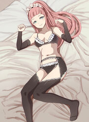 1girls aruman bangs bare_shoulders bare_thighs black_panties blue_eyes bra breasts collarbone felicia_(fire_emblem) female_only fire_emblem fire_emblem_fates garter_belt inner_thighs long_hair looking_at_viewer maid medium_breasts nintendo on_back on_bed panties pink_hair ponytail smile solo thighhighs thighs underwear